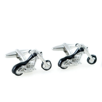 Rhodium Plated and Black Enamel Motorcycle Cufflinks