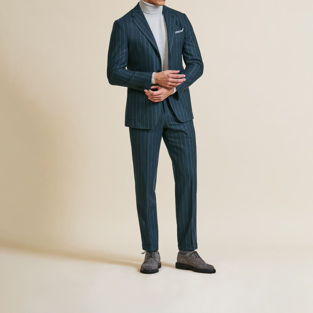 Suit - Petrol Natural Bi-Stretch s130 Wool Flannel with Chalk Stripe 5932