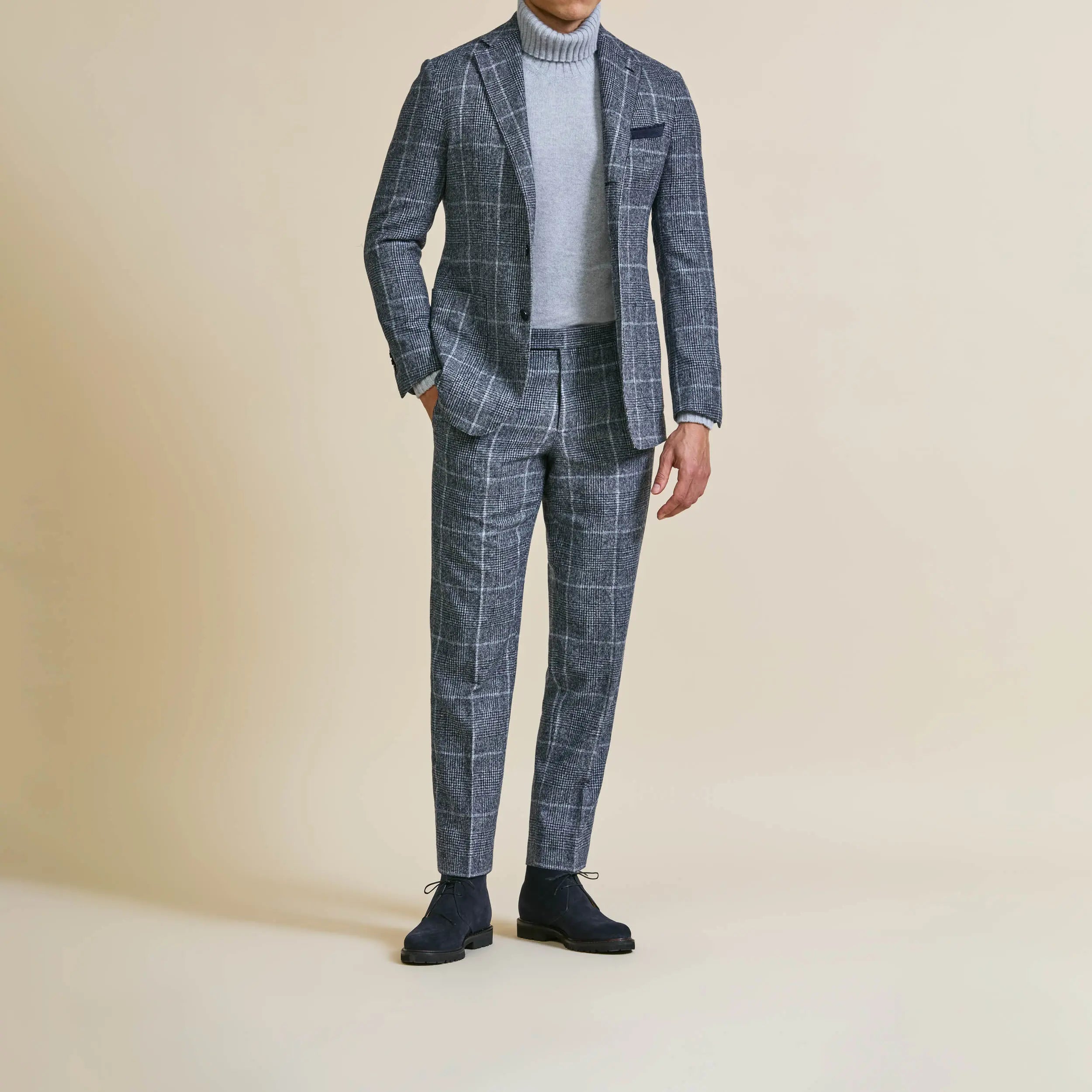 Suit - Navy Blue Alpaca Wool Blend Glencheck with Light Windowpane ...